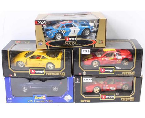 Five various boxed Revell and Bburago 1/18 scale boxed diecast vehicles to include a VW Corrado VR6, Ferrari 348 TB 1991 Evol