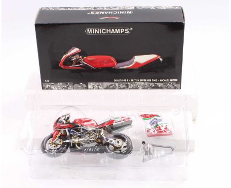 Minichamps 1/12th scale boxed Motorcycle, Ducati 998 R Michael Rutter 2002 British Superbike, signed example, in the original