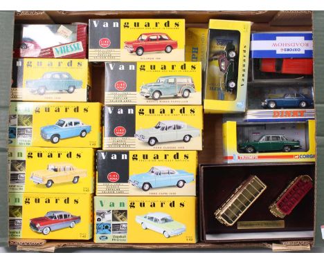 One tray containing a quantity of various 1/43 scale diecast vehicles to include Vanguards, Dinky by Matchbox, Corgi, and oth