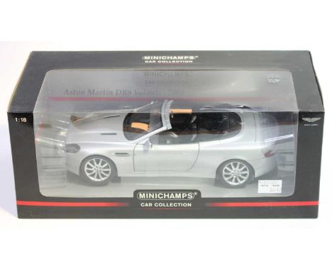 Minichamps No.150137332 1/18th scale diecast model of a Aston Martin DB9 Volante 2004 car, finished in silver, in the origina