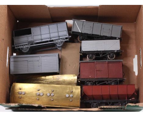 Eight kit built 0 gauge wagons, all built to a very high standard and all but one painted: Metal: GW brake van; goods van bod