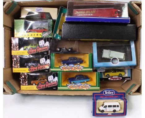 Two trays containing a quantity of boxed modern release diecast to include Vanguards, Oxford Corgi Classics series and others