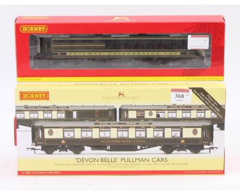 Hornby coaches: R4380 Pullman Cars Coach Pack - Car 54', 'Argus' &amp; 'Car 208' (M-BM) with R4377 Devon Belle Observation Ca