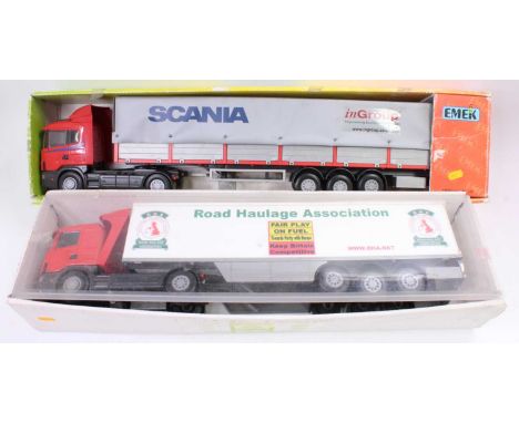 An Emek 1/25 scale model of a Scania 420 tractor unit with covered 40' trailer, decorated in red and grey with in-group liver