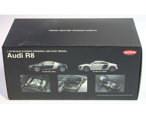 Kyosho No.09213W 1/18th scale boxed model of a Audi R8, finished in blue, as issued in the original packaging 