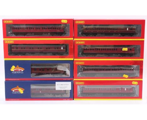 Hornby and Bachmann 00 Gauge LMS Maroon passenger stock group, 8 examples, to include Bachmann Thompson CK Maroon Composite C