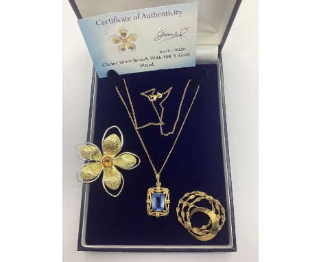 A Vintage Rolled Gold Single Stone Pendant, rectangular collet set, on fine curb link chain; A Gems TV Modern Hallmarked Silv