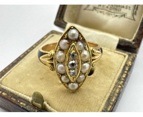 A Victorian Diamond and Freshwater Pearl Set Mourning Ring, of navette shape, the round cut diamonds collet set within freshw