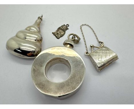 A Modernist Style "Mexico 925" Scent Flask Pendant, of plain circular form, overall length 6.5cm; a further scent flask of sh
