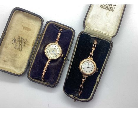 A 9ct Gold Cased Art Deco Style Ladies Wristwatch, the unsigned white dial with black Arabic numerals and red Arabic hourly m