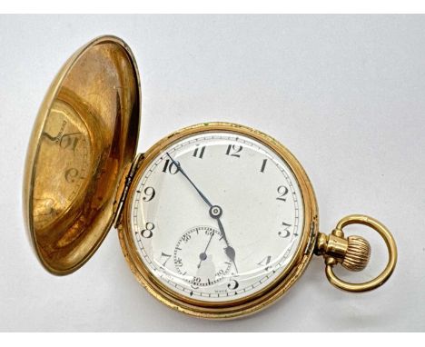 A Vintage 9ct Gold Cased Full Hunter Pocketwatch, the unsigned white dial with black Roman numerals and seconds subsidiary di
