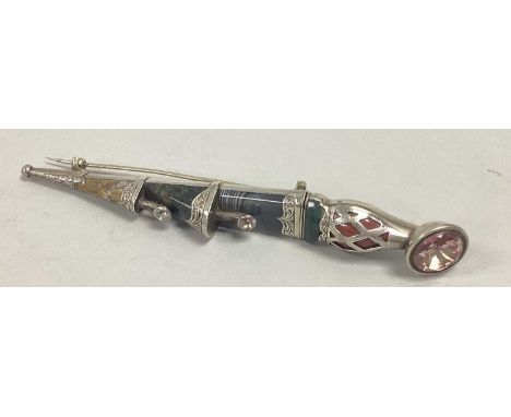 A Victorian Scottish Hardstone Inset Sword Brooch, of articulated design with inset highlights throughout, the pull out blade