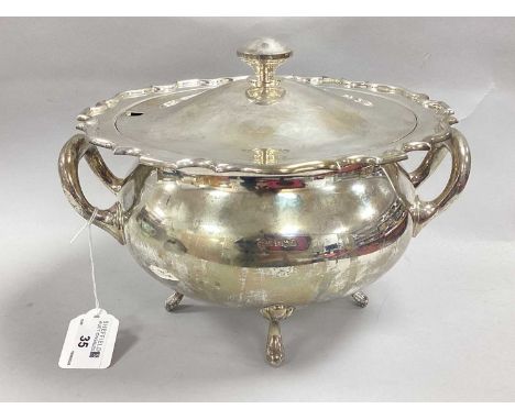 A Hallmarked Silver Twin Handled Soup Tureen, Walker &amp; Hall, Sheffield 1961, of plain circular cauldron form, with shaped