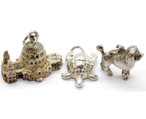 Three 1970s 925 silver assorted charms, 9.3g. P&amp;P Group 1 (£14+VAT for the first lot and £1+VAT for subsequent lots) 