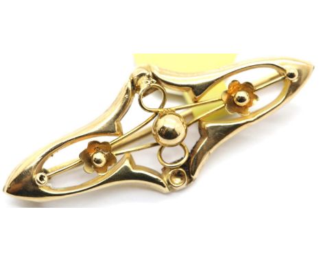 Antique fancy 9ct gold brooch, L: 40 mm, 1.9g. P&amp;P Group 1 (£14+VAT for the first lot and £1+VAT for subsequent lots) 
