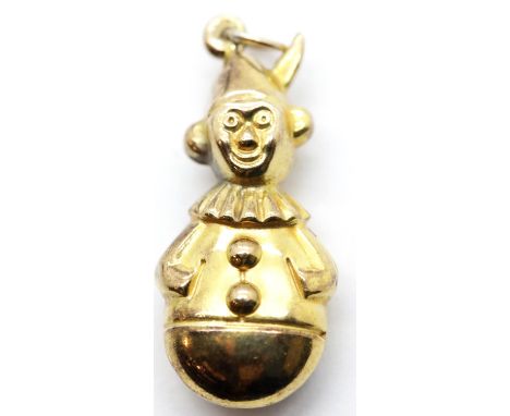 9ct yellow gold 1970s clown charm, L: 30 mm, 1.5g. P&amp;P Group 1 (£14+VAT for the first lot and £1+VAT for subsequent lots)