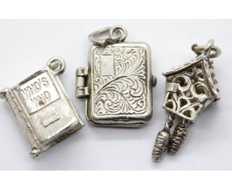 Three 925 solid silver assorted charms. P&amp;P Group 1 (£14+VAT for the first lot and £1+VAT for subsequent lots) 