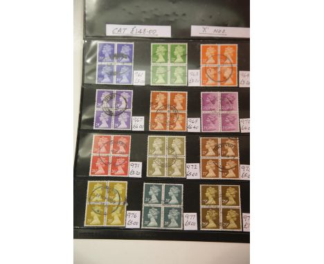 Two pages of used four block definitives, 20p-75p. P&amp;P Group 1 (£14+VAT for the first lot and £1+VAT for subsequent lots)