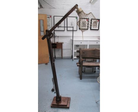STANDARD LAMP, Anglepoise style in wood with wire shade, 180cm H.