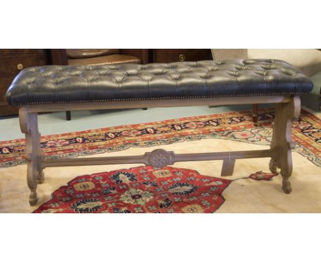 HALL BENCH, Vintage Italian painted on carved trestle supports with button leather upholstered seat, 142cm x 49cm x 62cm H. 