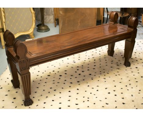 HALL BENCH, late 19th century Regency Revival mahogany with panelled seat, corner finials and carved paw feet, 138cm W x 38cm
