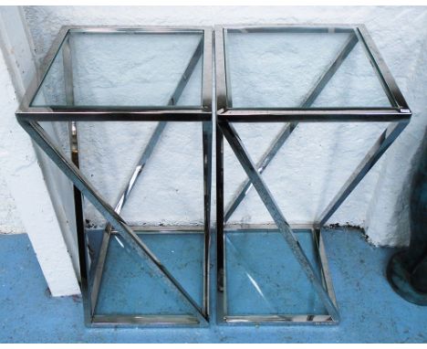 SIDE TABLES, a pair, with glass top and shelf below on chromed metal bases, 40cm x 40cm x 85cm H. (2)