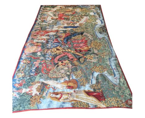 VERDU TAPESTRY, 316cm x 174cm, Medieval castle scene with soldiers and royalty.