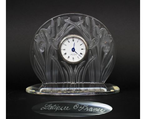 LALIQUE TABLE CLOCK, the surround moulded a design of bullrushes, 20cm x 17cm H max.
