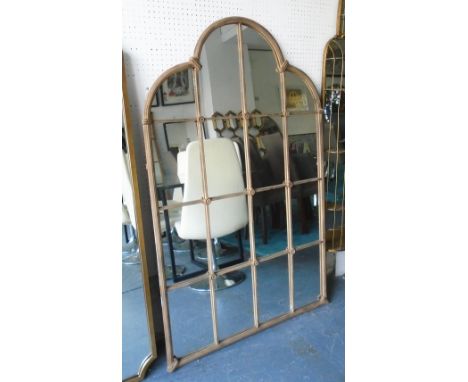WALL MIRRORS, a pair, Architectural form with shaped top and decorative roundels, each 92cm W x 139cm H. (2)