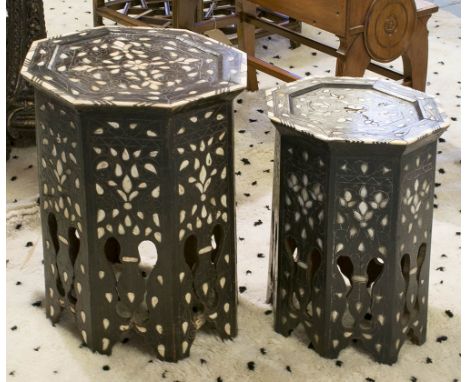 MOORISH TABLES, two similar, hardwood, Mother of Pearl, bone and pewter inlaid, each octagonal with arcaded base,50cm H x 40c