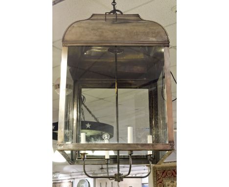 HALLWAY LANTERN, vintage glazed and silvered metal hinged door and four lights wired, 63cm x 63cm x 98cm H.