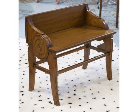 HALL BENCH, early 20th century English walnut in the manner of James Shoolbred with upstand turned rounded ends and shaped st