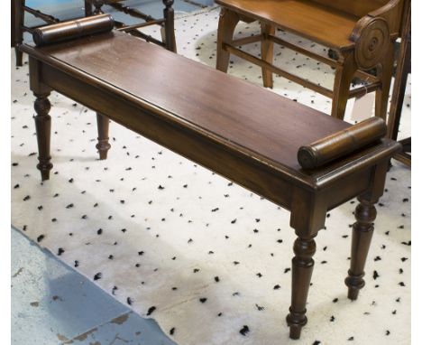 HALL BENCH, antique mahogany in the Victorian manner rectangular with bolster handles and turned supports, 113cm x 36cm x 52c