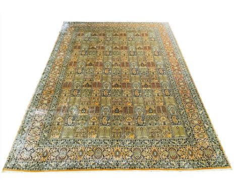 VERY FINE PURE SILK HEREKE DESIGN CARPET, 280cm x 187cm, all over tiled design within complimentary bands and borders.