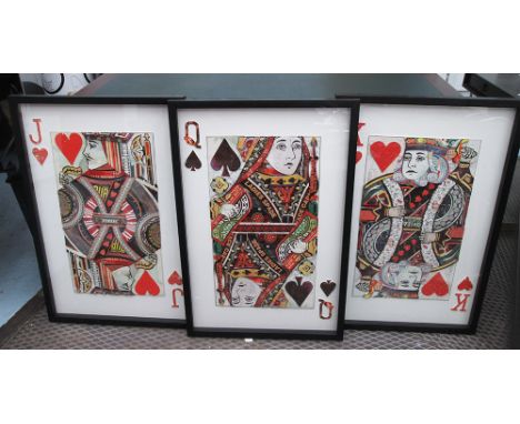 DECOUPAGE, set of three playing cards, Jack, Queen and King, framed and glazed, 90cm x 60cm. (3)