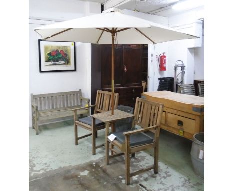 GARDEN ARMCHAIRS BENCH, weathered slatted teak comprising two armchairs and conjoining table, 159cm W. 