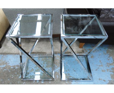 SIDE TABLES, a pair, with glass top and shelf below on chromed metal bases, 40cm x 40cm x 70cm H. (2)