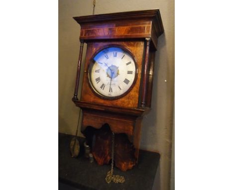WALL ALARM CLOCK, George III oak, mahogany and line inlaid case, the silvered dial inscribed 'Thos Holmes, Cheadle', weights 