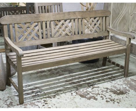 GARDEN BENCH, weathered teak with lattice back and slatted seat, 160cm W.  