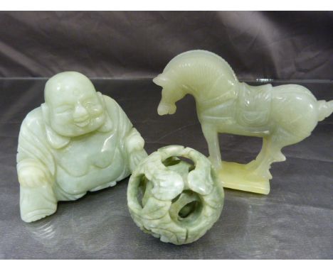 Jade collectables. Tang Dynasty style jade horse, Jade Buddha and a Jade Trinket piece.
