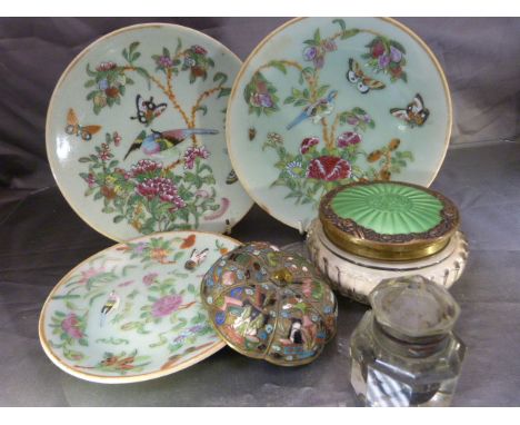 Three Celadon plates with hand painted decoration and an oriental Cloisonne relief apple shaped lid. Also to include a powder