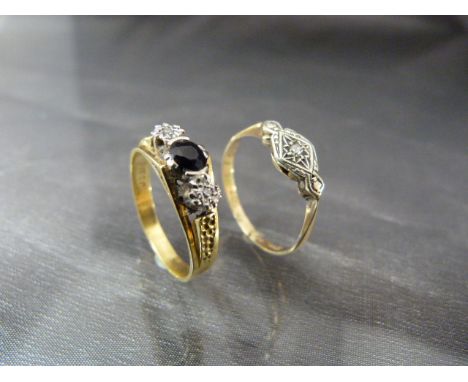 9ct Art Deco Diamond chip ring and an 18ct Sapphire and Diamond Trilogy ring. Art Deco ring size - R ( 1.8g) and Trilogy Ring
