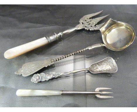 Four unusual silver items - Silver Coloured ladle marked L.V. 13 1/2. Monogrammed E.S with Barley Twist stem. Engraved decora