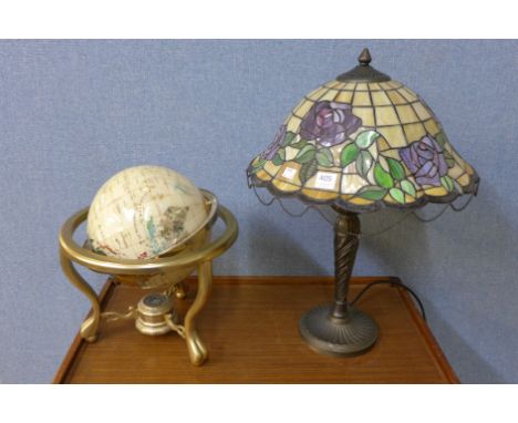 A Tiffany style lamp and terrestrial globe, a/f