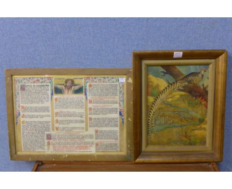A Latin religious print and an exotic birds landscape, oil on canvas