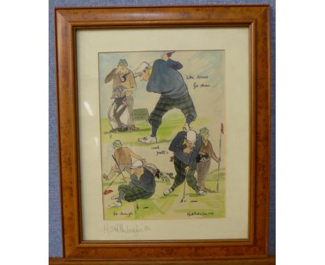 Jess Grantham, pheasant, oil on board, signed Mark Hodgkinson golfing print and a river landscape, oil on canvas, framed
