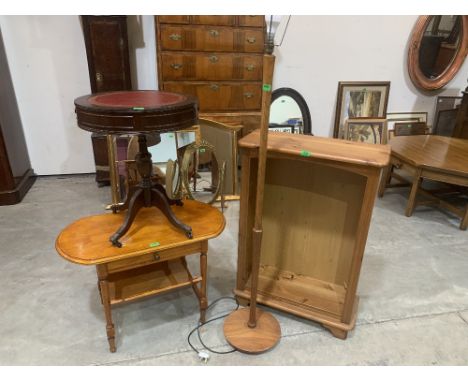A pine open bookcase, 1970s lamp standard and two small tables (4)