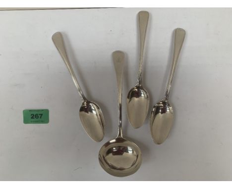 Three silver spoons and a silver sauce ladle. Various dates. 4ozs 17dwts