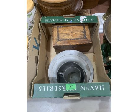 An oak tea caddy and a small quantity of pewter, a dish with impressed mark 'Lord Moyne'