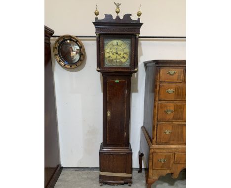 An 18th century oak and mahogany crossbanded longcase clock, 8 day movement, the 12' brass dial signed Foden, Congleton. 85' 